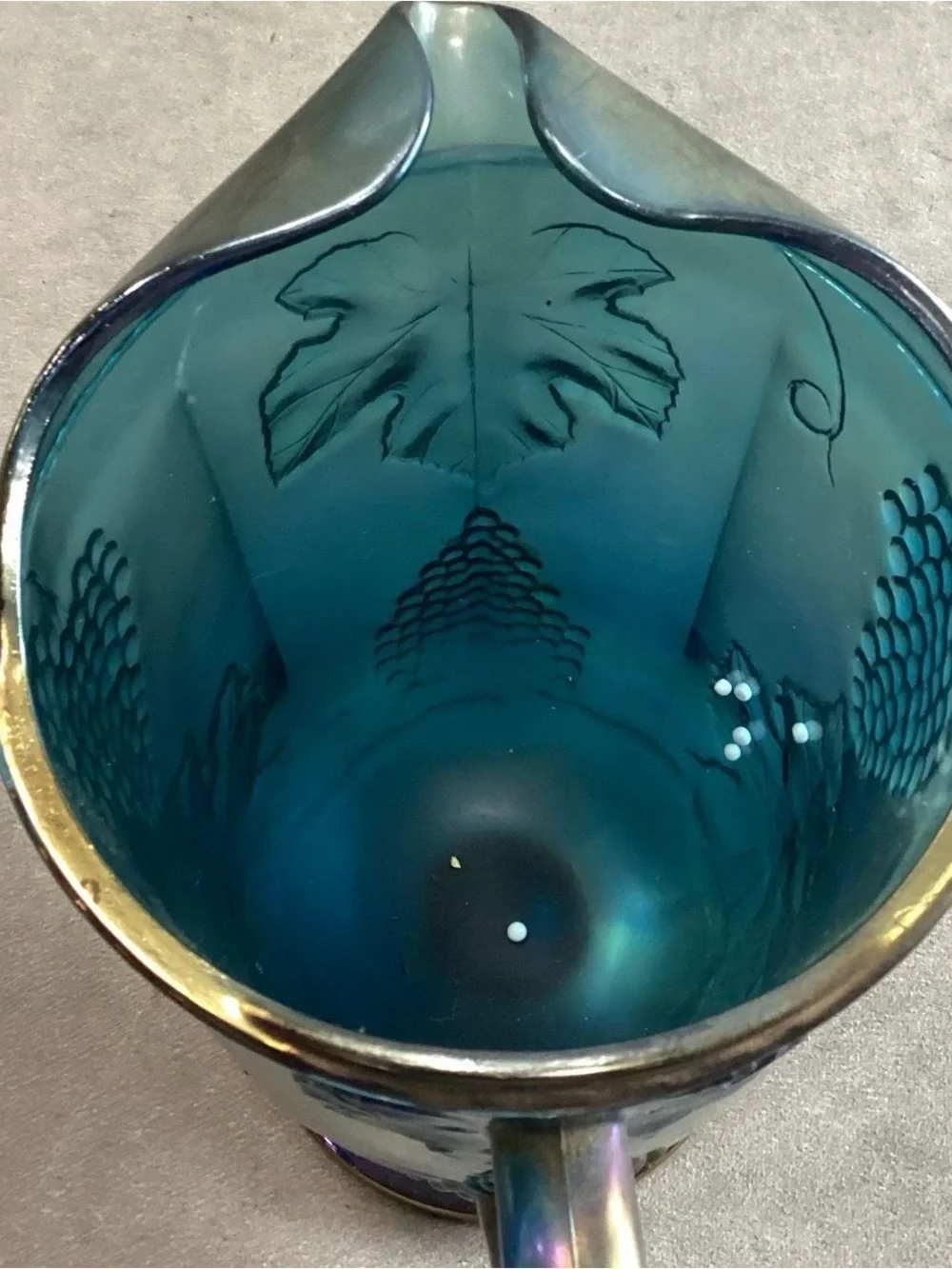 Indiana Glass Iridescent Blue Carnival Glass Pitcher with Grape Motif